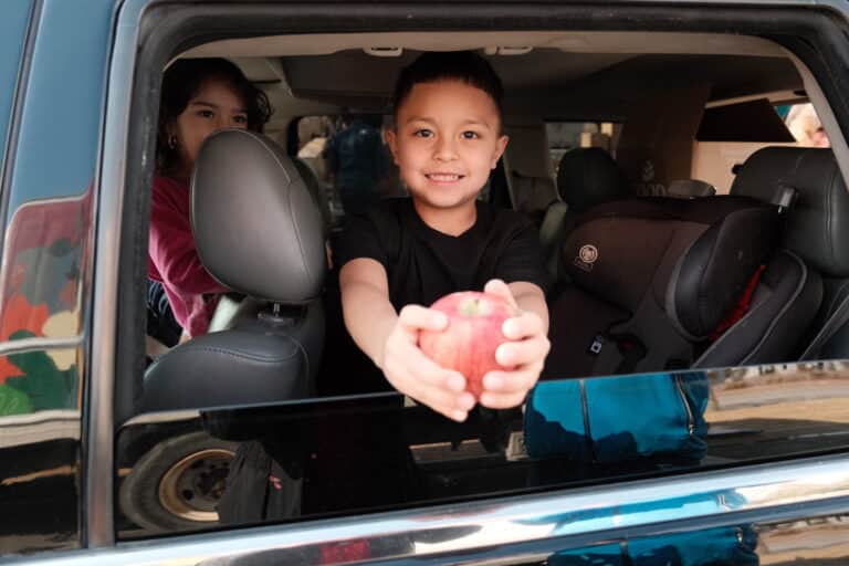 a boy in a car holding an apple