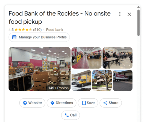 Food Bank of the Rockies' Google Business Listing screenshot