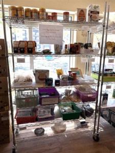 food on shelves at the Good Shepherd food pantry