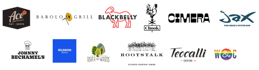 logos for: Ace, Barolo Grill, Blackbelly, Chook, Cimera, Jax, Johnny Bechamel's, Reunion, river & Woods, Rootstalk, Teocalli, Work & Class