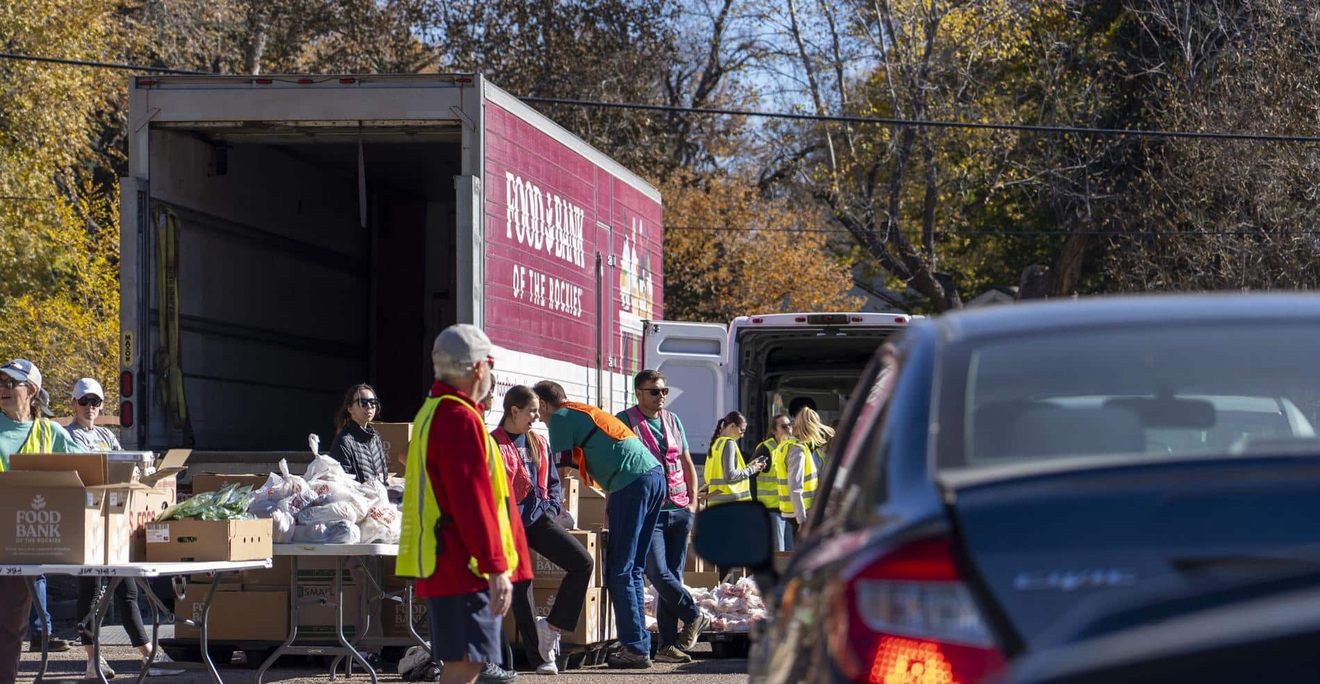 Food being distributed at a Food Bank of the Rockies mobile pantry in November 2025.